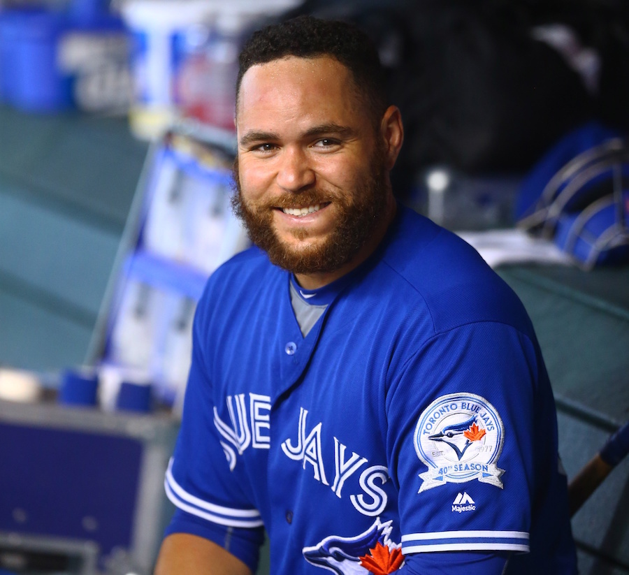 Toronto Blues Jays newly-signed catcher Russell Martin, left, and